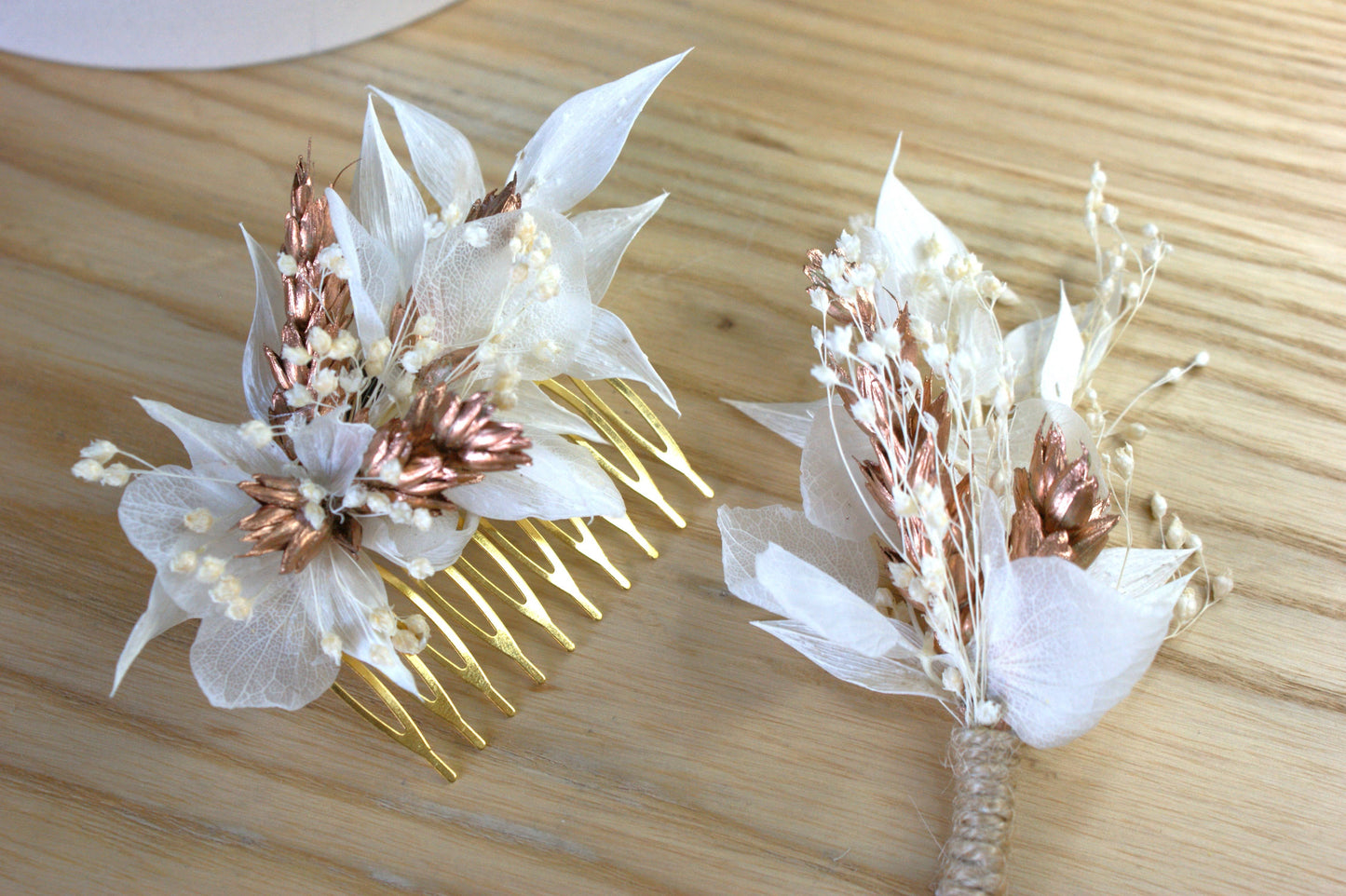 Peigne à cheveux avec fleurs sechees et epi de ble cuivre 1