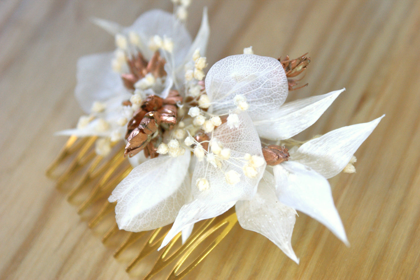 Peigne à cheveux avec fleurs sechees et epi de ble cuivre 5
