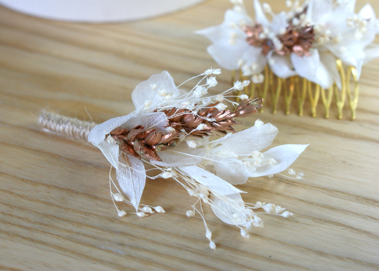 Peigne à cheveux avec fleurs sechees et epi de ble cuivre 9