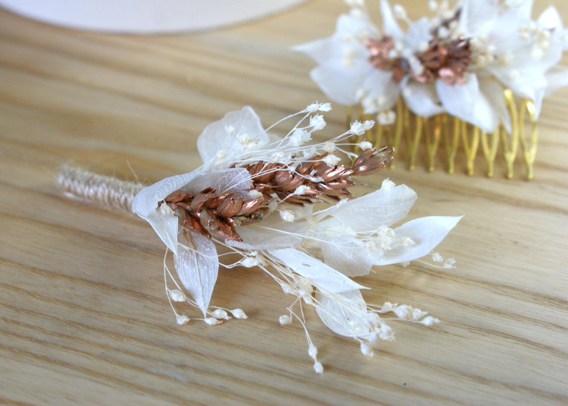 Peigne à cheveux avec fleurs sechees et epi de ble cuivre 9