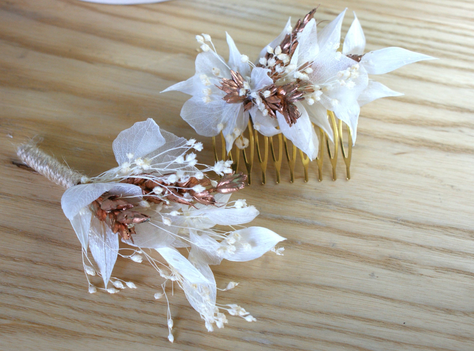 Peigne à cheveux avec fleurs sechees et epi de ble cuivre 8